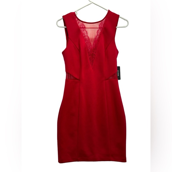 Guess LA Formal Red Sheath‎ Dress Size 4 Stretch Zipper Lace Floral Mesh NWT - Picture 1 of 11